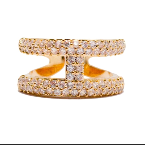 18K Gold Plated Pave CZ Stone Double Band Ring Size 7 Brand New - Picture 1 of 14